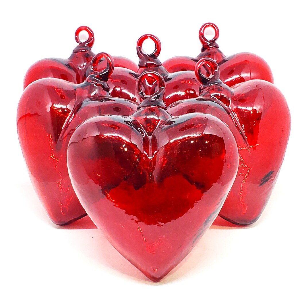 GLASS ORNAMENTS / Red 5.1 inch Large Hanging Glass Hearts 